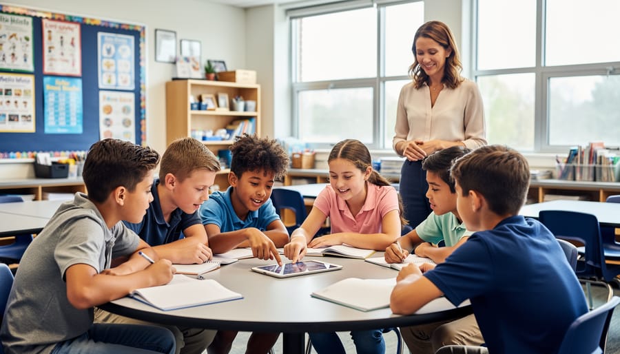 Students in a supervised group discussion in a classroom setting