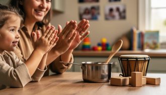 A parent and child clap in rhythm at a kitchen table with simple percussion props like a wooden spoon and pot nearby.