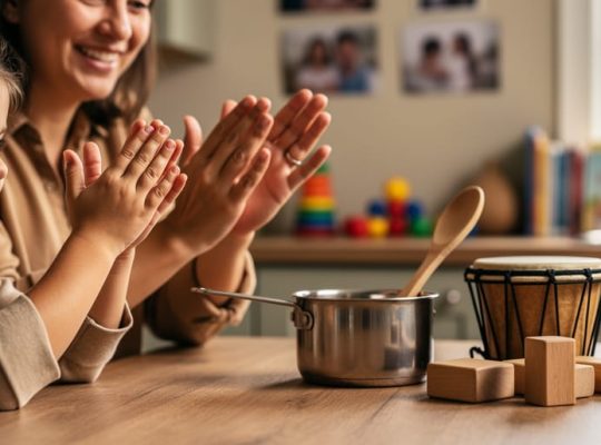 A parent and child clap in rhythm at a kitchen table with simple percussion props like a wooden spoon and pot nearby.