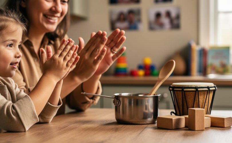 A parent and child clap in rhythm at a kitchen table with simple percussion props like a wooden spoon and pot nearby.