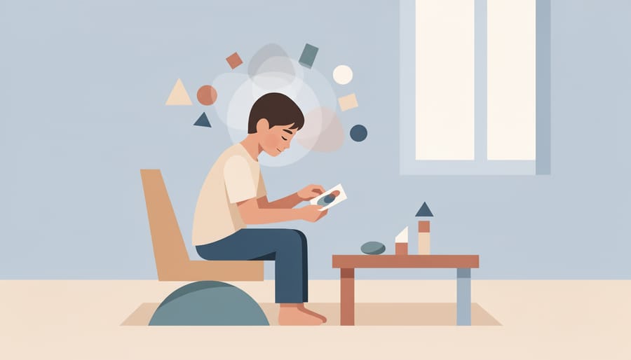 Teen holding a smooth stone and writing in a notebook with colored pencils in a softly lit bedroom
