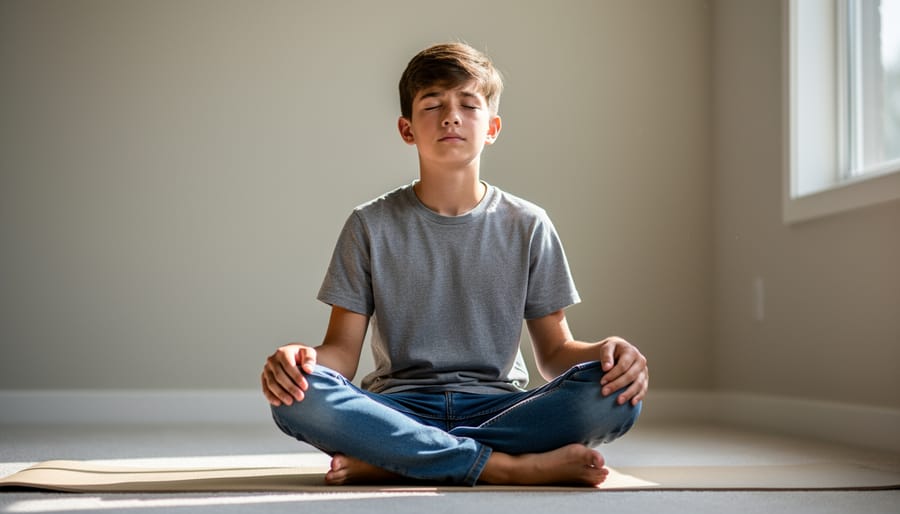 Teenager standing by a window with eyes closed, practicing calm breathing with relaxed posture.
