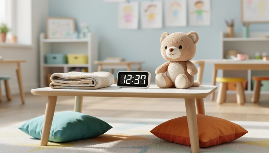 Close-up of a timer and a stuffed animal on a bedside table.