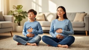 Parent and child sitting cross-legged together in a calm living room, practicing a quiet breathing and grounding meditation.