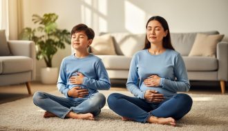 Parent and child sitting cross-legged together in a calm living room, practicing a quiet breathing and grounding meditation.