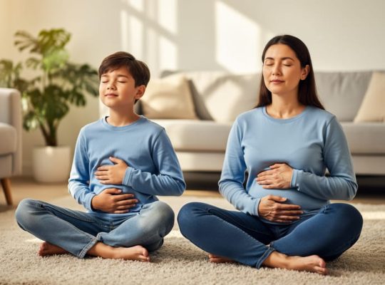 Parent and child sitting cross-legged together in a calm living room, practicing a quiet breathing and grounding meditation.