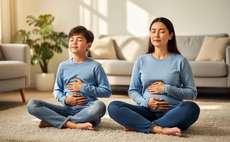 Parent and child sitting cross-legged together in a calm living room, practicing a quiet breathing and grounding meditation.
