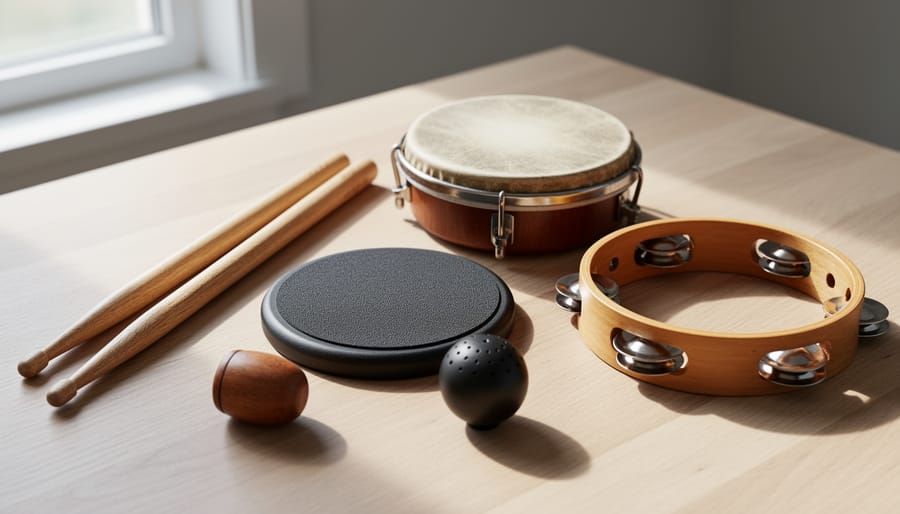 Wooden rhythm sticks and a small tambourine on a rug with a child’s hands blurred in the background