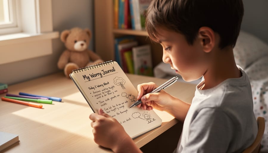 Child’s hands writing in a blank worry journal on a desk with a timer and colored pencils nearby.